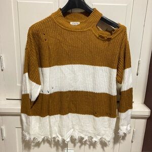 Full Circle Trends Size 3X White Brown Striped Cropped Shoulder Hole Sweater Top